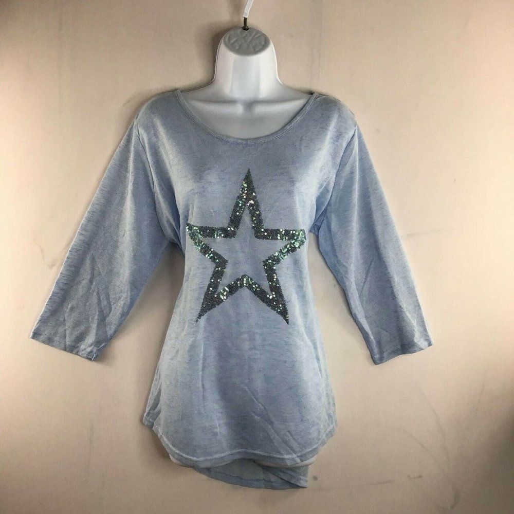 Janina Women’s T Shirt Top Blue Star Print Long Sleeve Round Neck Casual Size 46